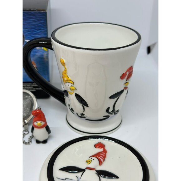 VTG Pfaltzgraff 2007 Penguin Skate Covered Mug 3.25" Infuser Coffee Tea Cup NOS - Picture 8 of 10